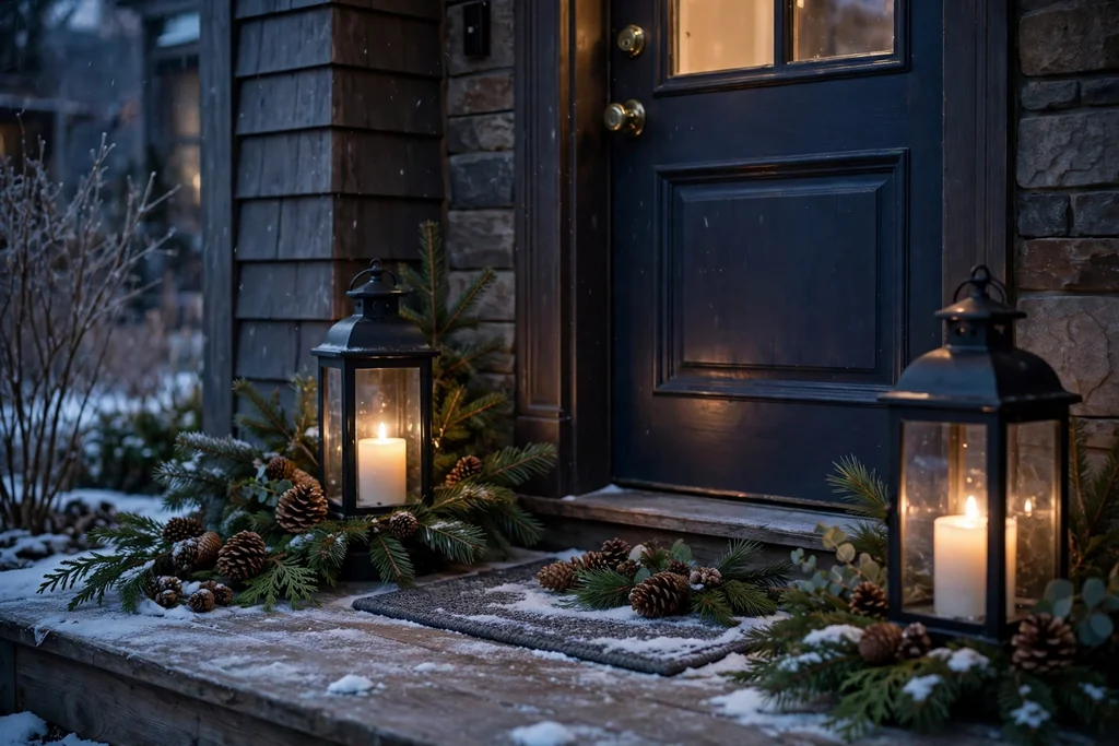 Front porch with lanterns, evergreen sprigs, and pinecones by the door.