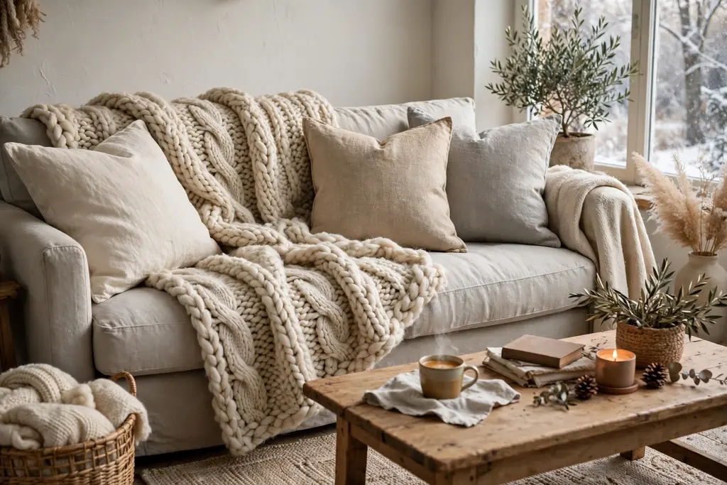 Sofa layered with a wool throw and linen cushions in cream, oatmeal, and soft gray.