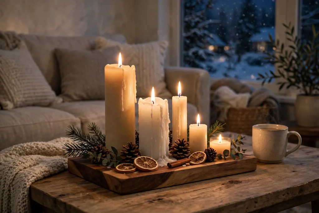 Candles of different heights grouped on a tray on a coffee table.