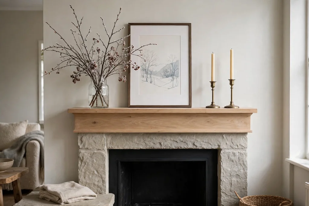 Cleared mantel with a vase of winter branches and two candle holders.
