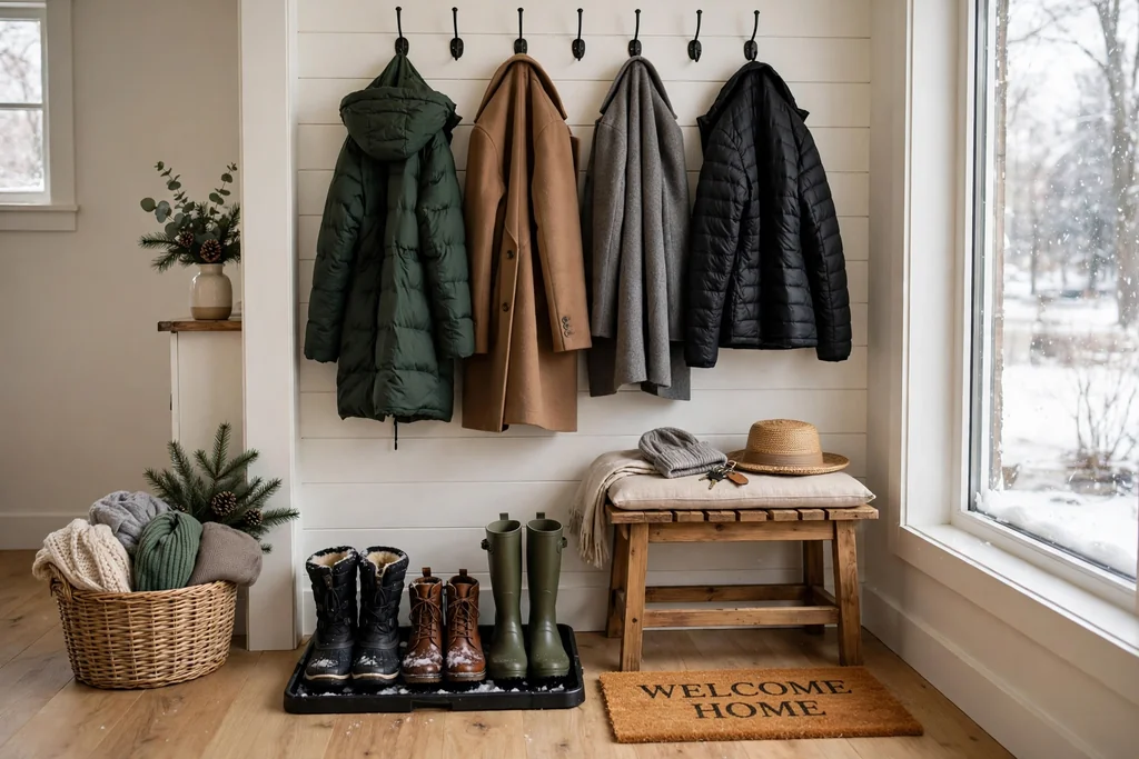 Tidy entry with a boot tray, a basket for scarves, wall hooks, and a bench.