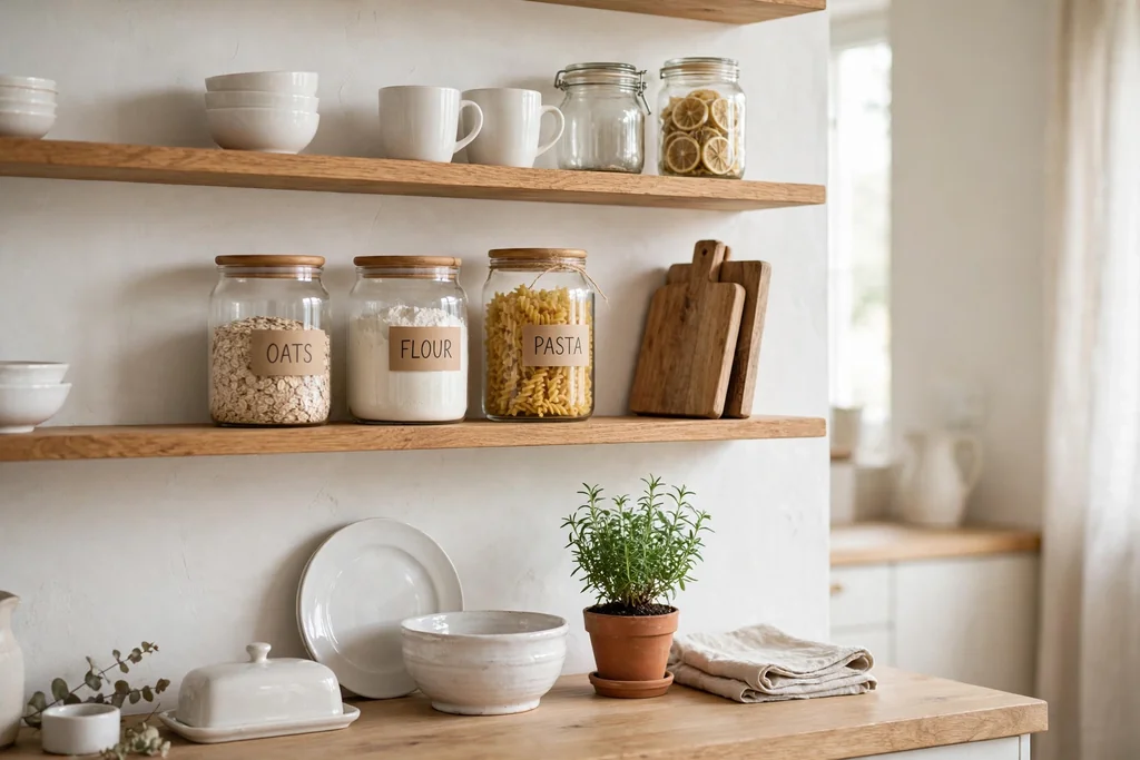 Open kitchen shelves styled with white ceramics, glass jars, and wooden boards.
