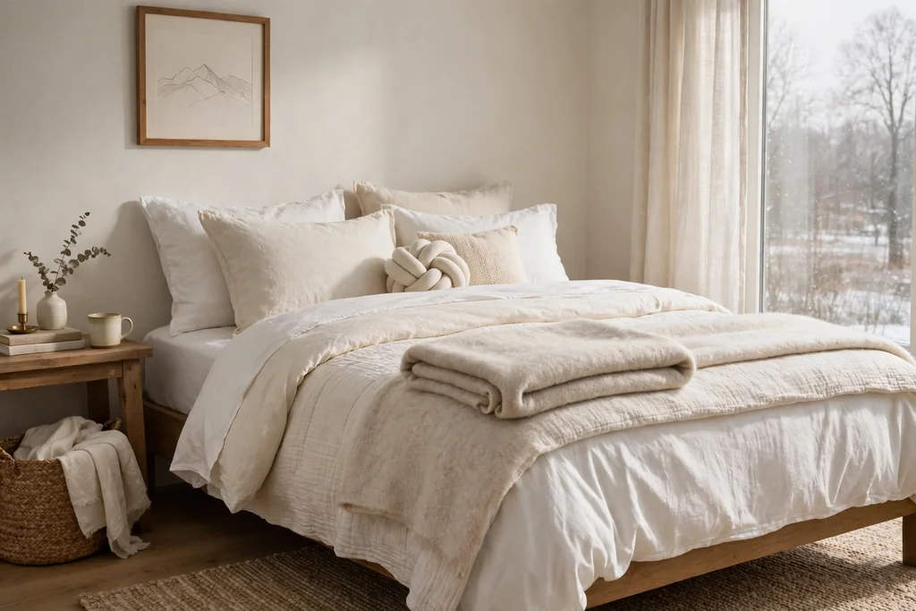 Bedroom with white and cream layered bedding and a folded wool blanket.