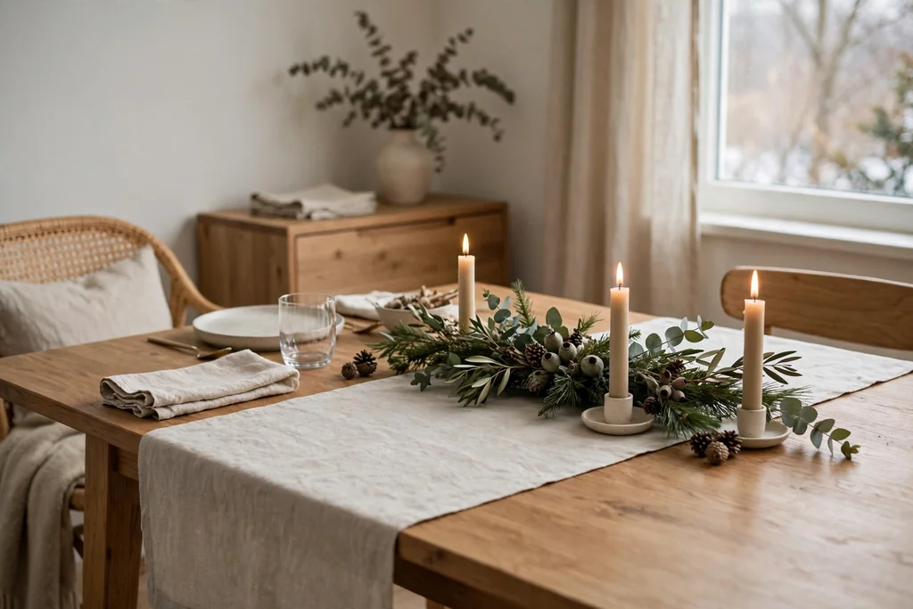 Dining table with a plain linen runner, candles, and a short length of greenery.