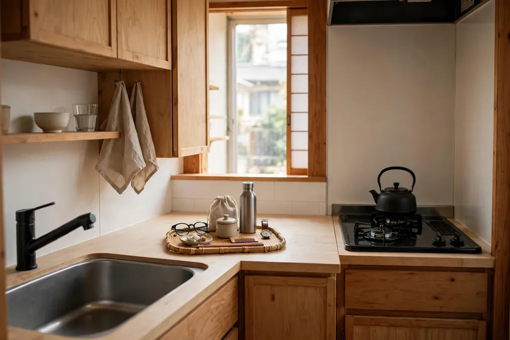 Compact Japanese apartment kitchen with clear counters and a small tray of daily items.