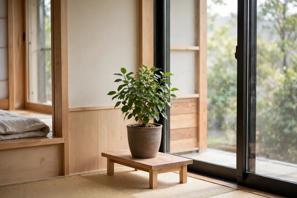 Single potted plant on a low stand in a calm Japanese apartment beside a clear window.