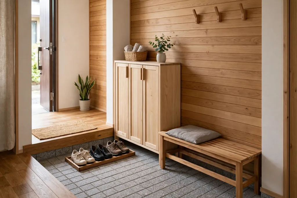 Genkan style apartment entry with a shoe tray, low bench, and a slim shoe cabinet.