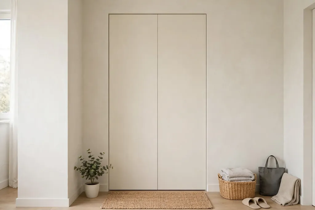 Apartment closet with flat plain doors blending into a pale wall, closed and tidy.