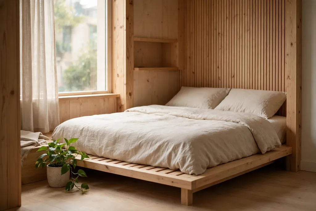 Low platform bed in a quiet apartment sleeping nook with plain bedding and a plant.