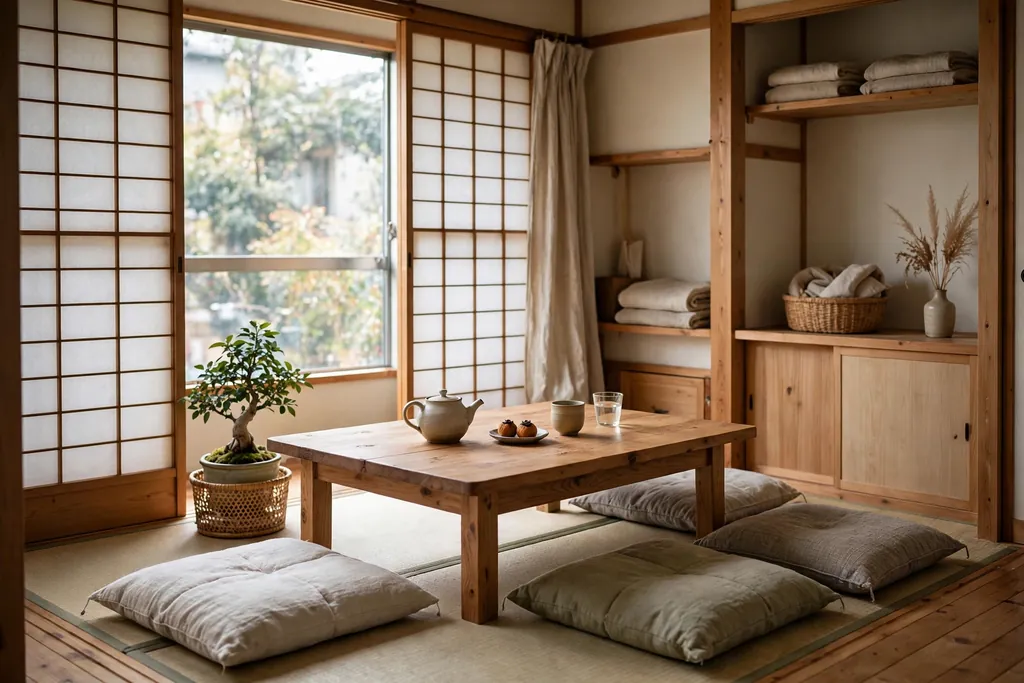 Low wooden table with floor cushions in a small Japanese apartment living area.
