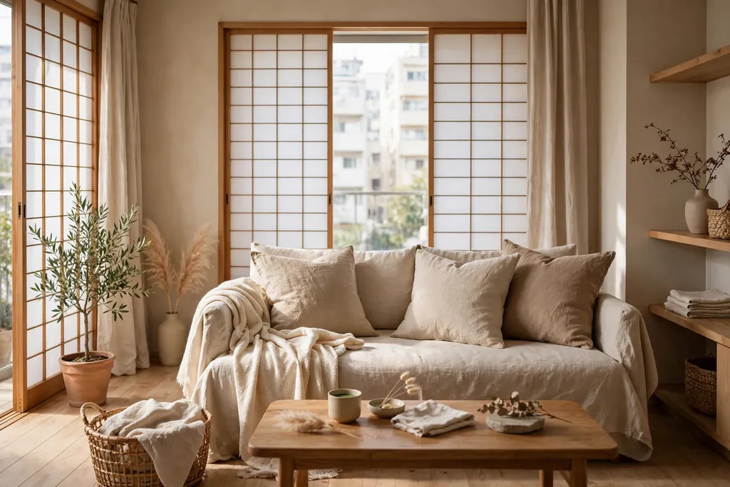 Japanese apartment living room in warm neutrals with linen cushions and a cotton throw.