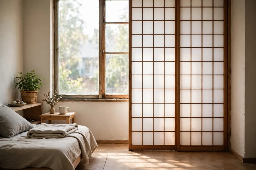 Shoji screen beside a bright window spreading soft light through a small apartment.