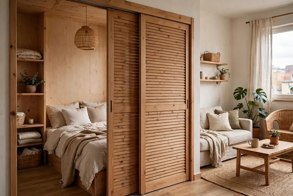 Sliding panels partly open between a sleeping nook and a living area in a small apartment.