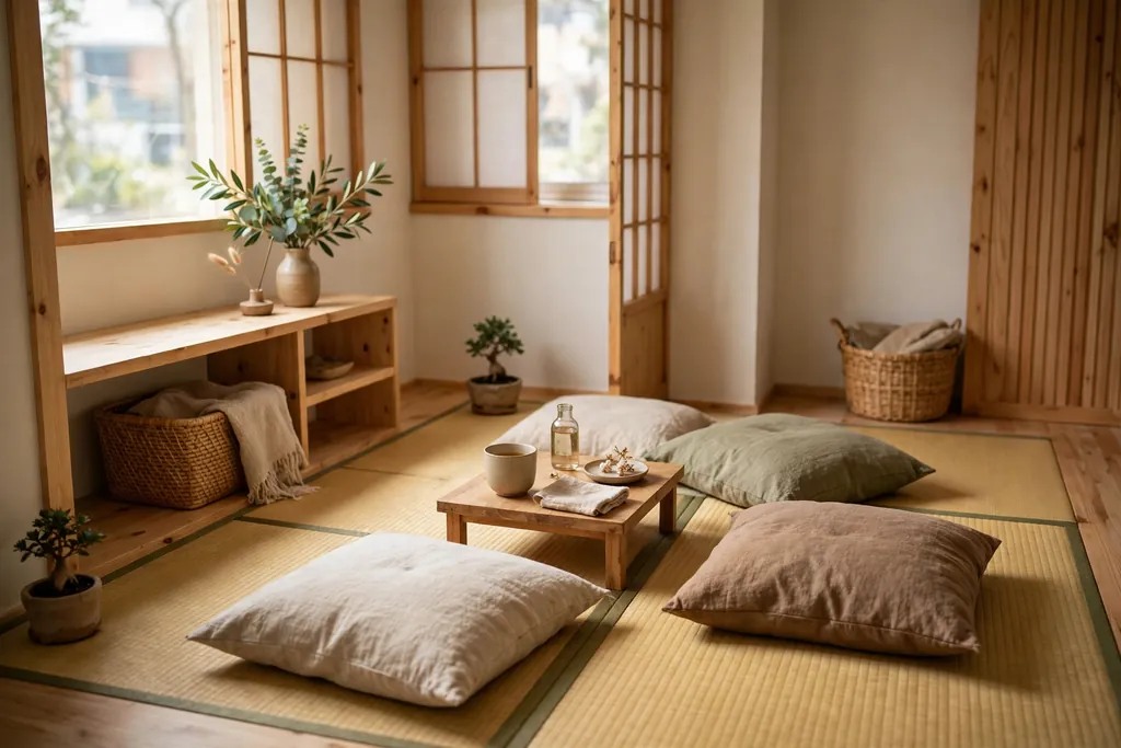 Tatami mat zone in a small apartment with floor cushions and a small tray.