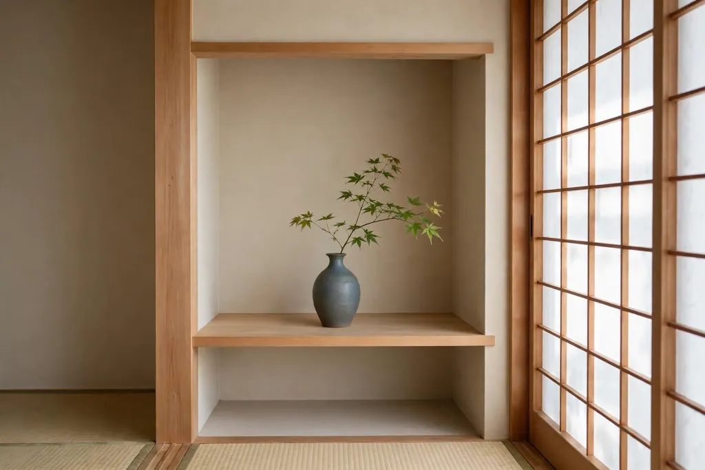 Small alcove display with a single vase and branch on a plain shelf in a Japanese apartment.