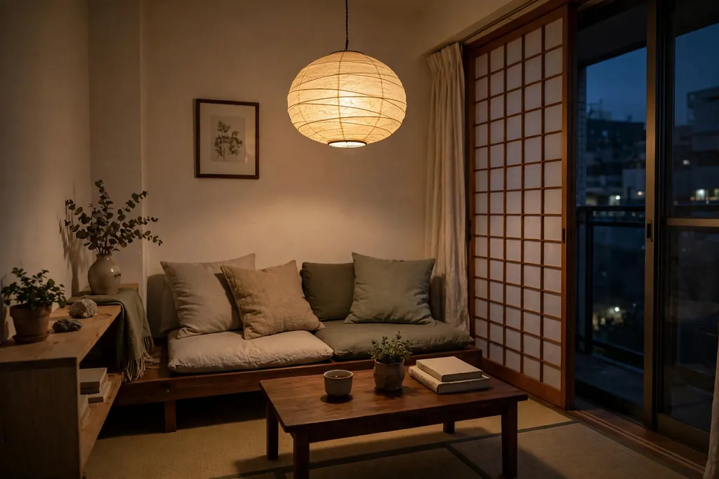 Small apartment in the evening lit by a washi paper lamp with a soft warm glow.