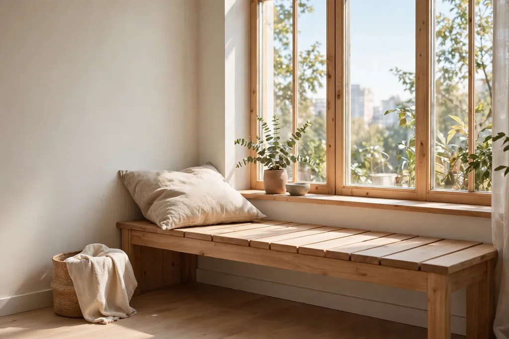 Low window seat bench with a cushion beside a bright apartment window.