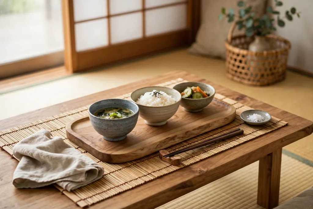 Japanese apartment detail with natural wood tray, bamboo mat, and ceramic bowls.