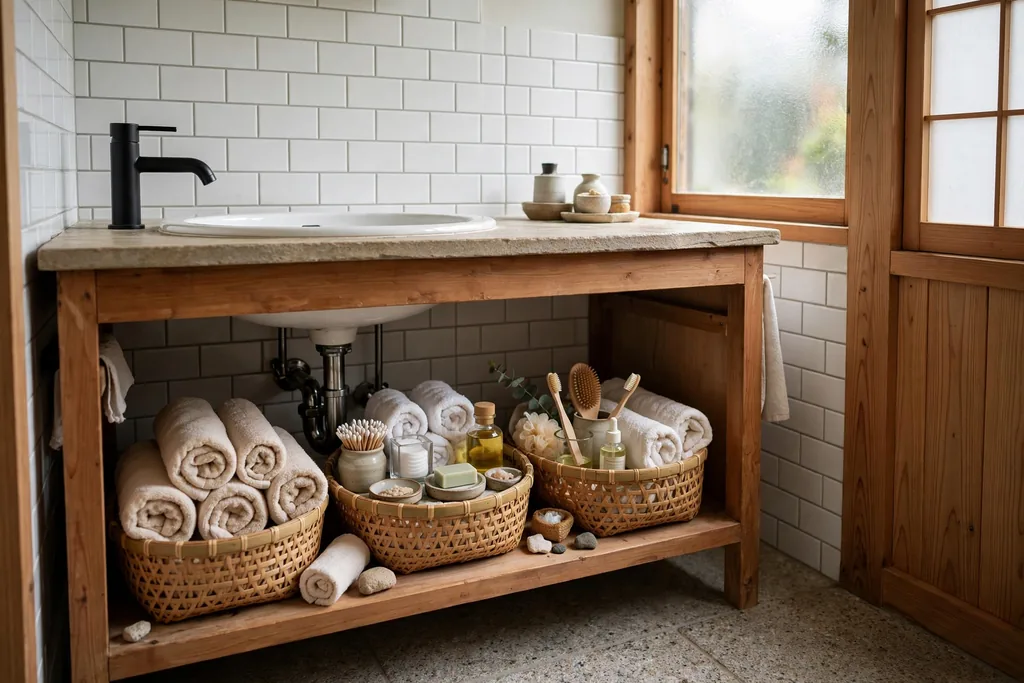 Bamboo baskets under a bathroom sink holding toiletries and towels.