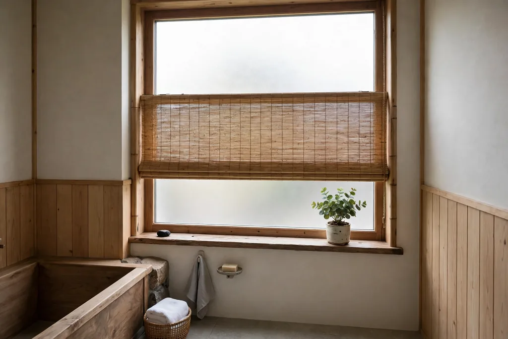 Bathroom window with frosted glass and a bamboo roller blind.