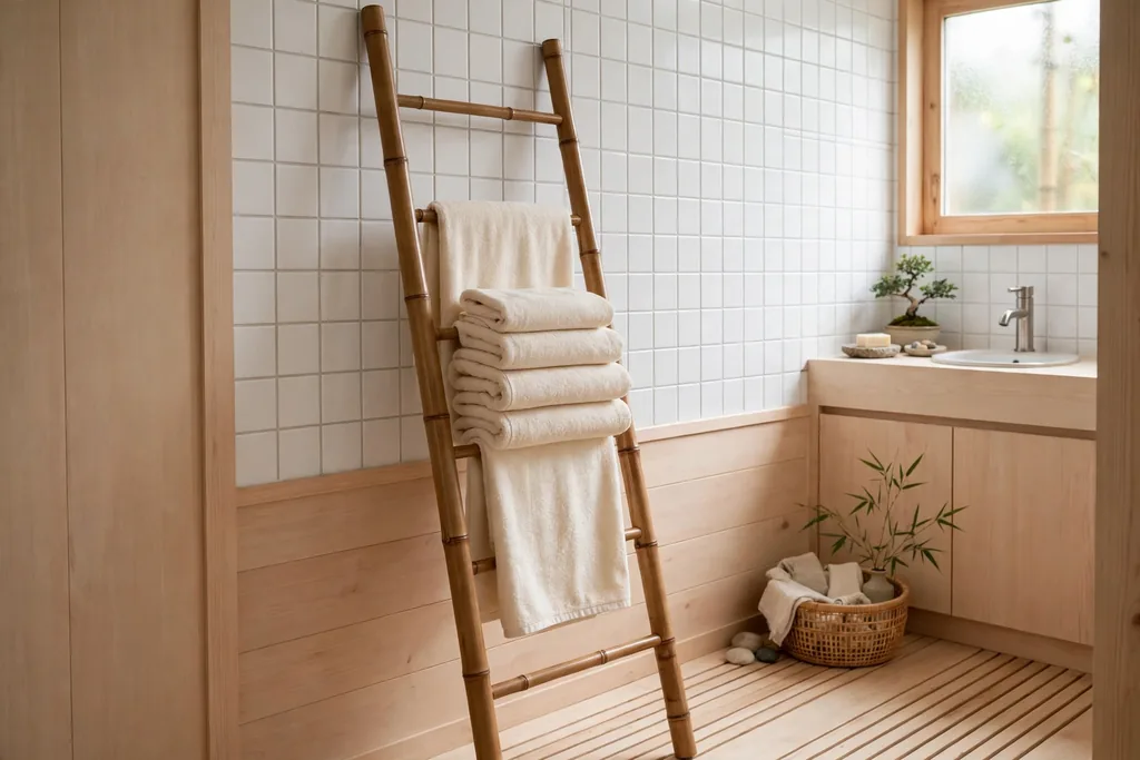 Bamboo towel ladder leaning against a wall holding folded towels in a Japanese bathroom.