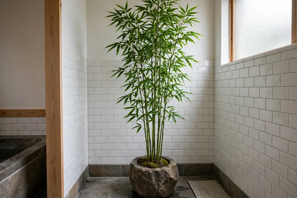 Potted bamboo plant in a corner of a Japanese bathroom.