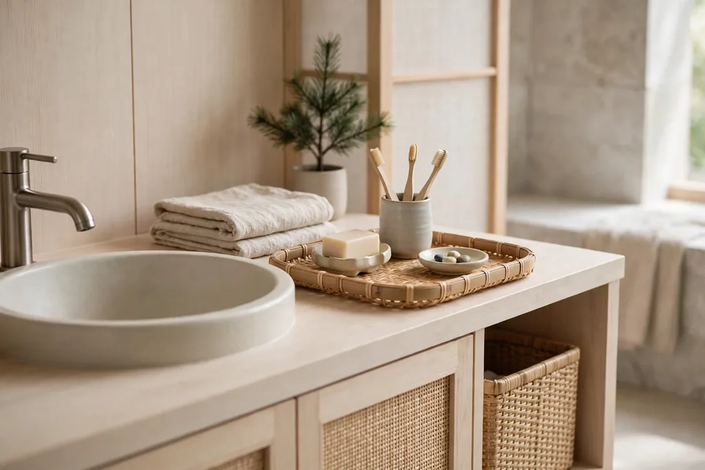 Bamboo tray with soap, a toothbrush cup, and a small dish beside a basin.