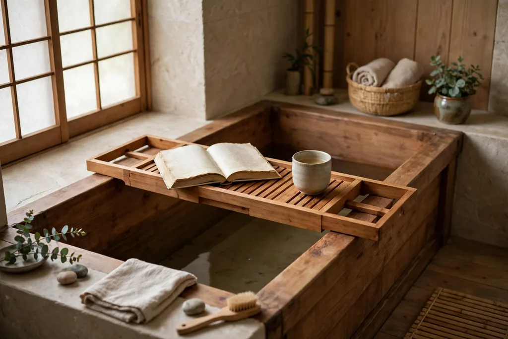 Wooden bath bridge tray across a bathtub holding a book and a cup.