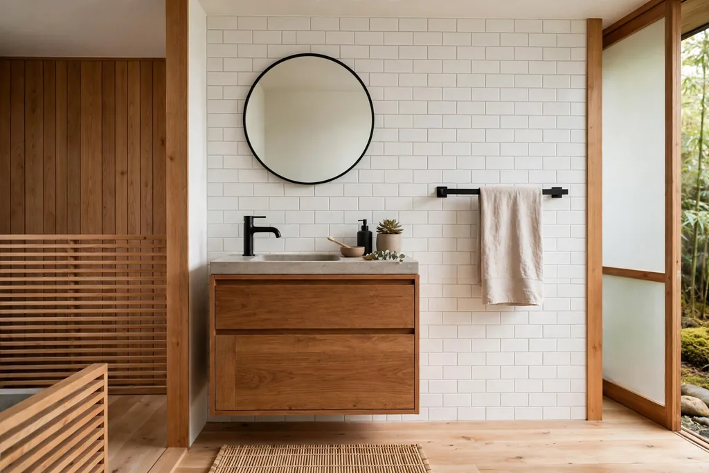 Japanese bathroom with matte black taps and warm wood accents.