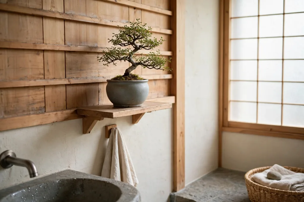 Small bonsai on a wall shelf in a Japanese bathroom.