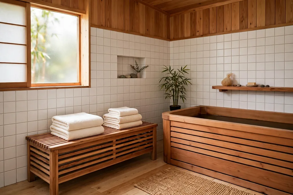 Low cedar bench beside a bathtub holding folded towels in a Japanese bathroom.