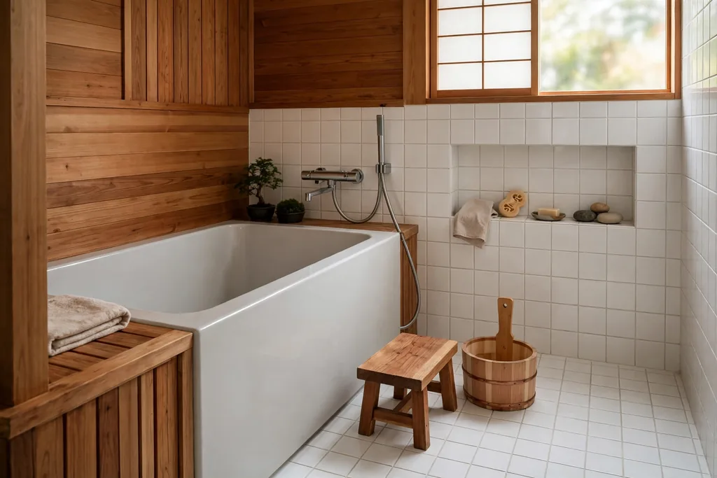 Cedar rinse bucket and low washing stool beside a bathtub in a Japanese bathroom.