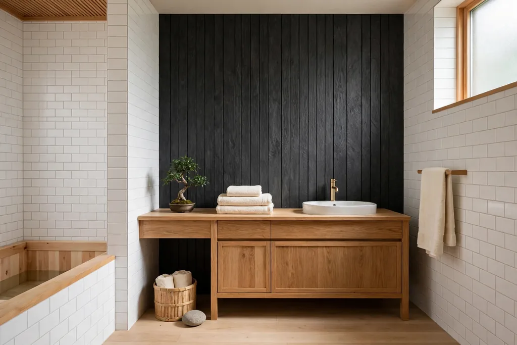 Japanese bathroom with a charcoal feature wall, warm wood, and white tile.