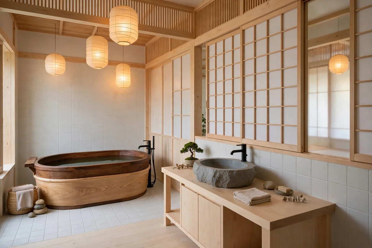 Wide Japanese bathroom with a deep soaking tub, hinoki wood accents, a shoji screen, and soft paper light.