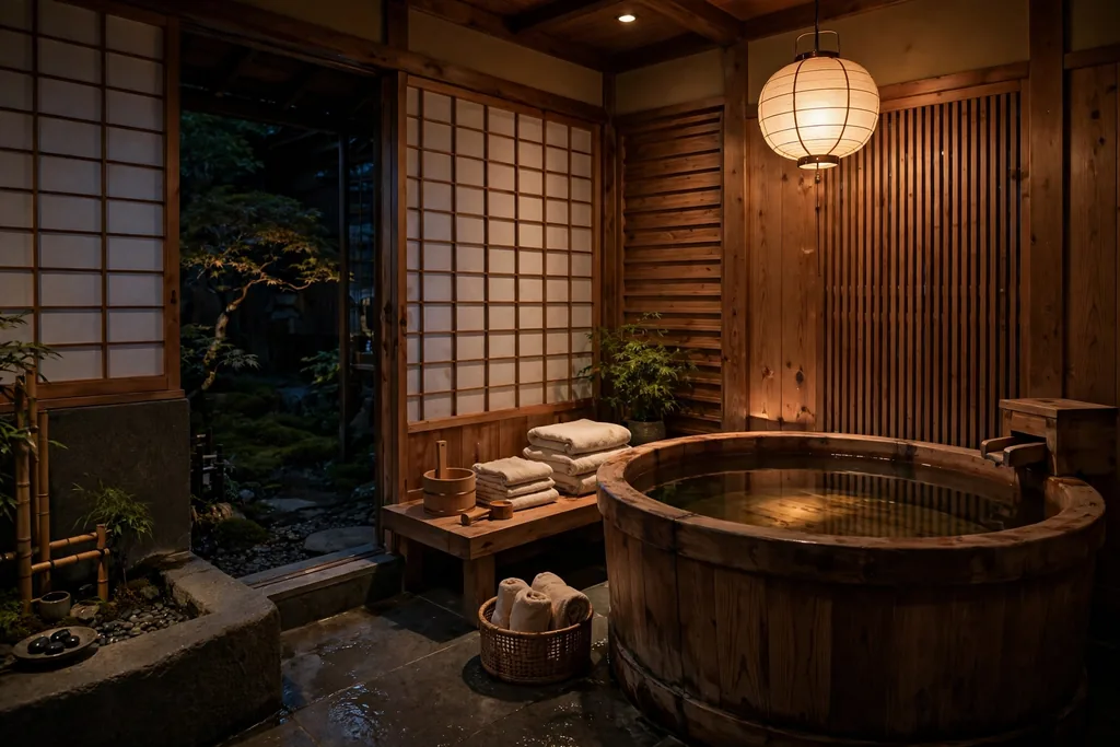Japanese bathroom glowing with soft warm dimmer lighting in the evening.