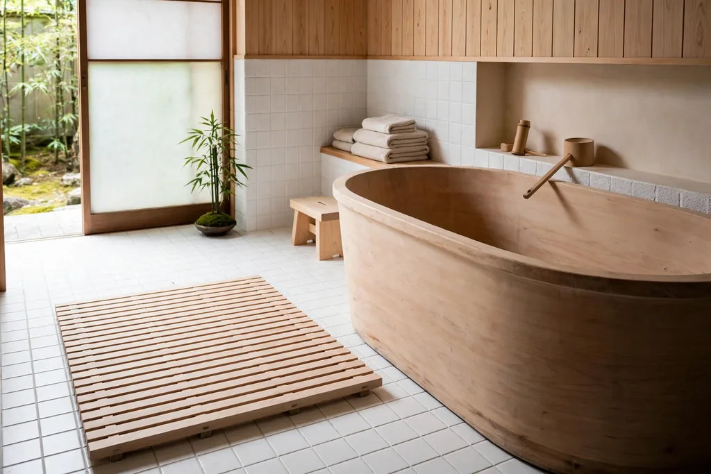 Hinoki wood duckboard bath mat beside a bathtub in a Japanese bathroom.