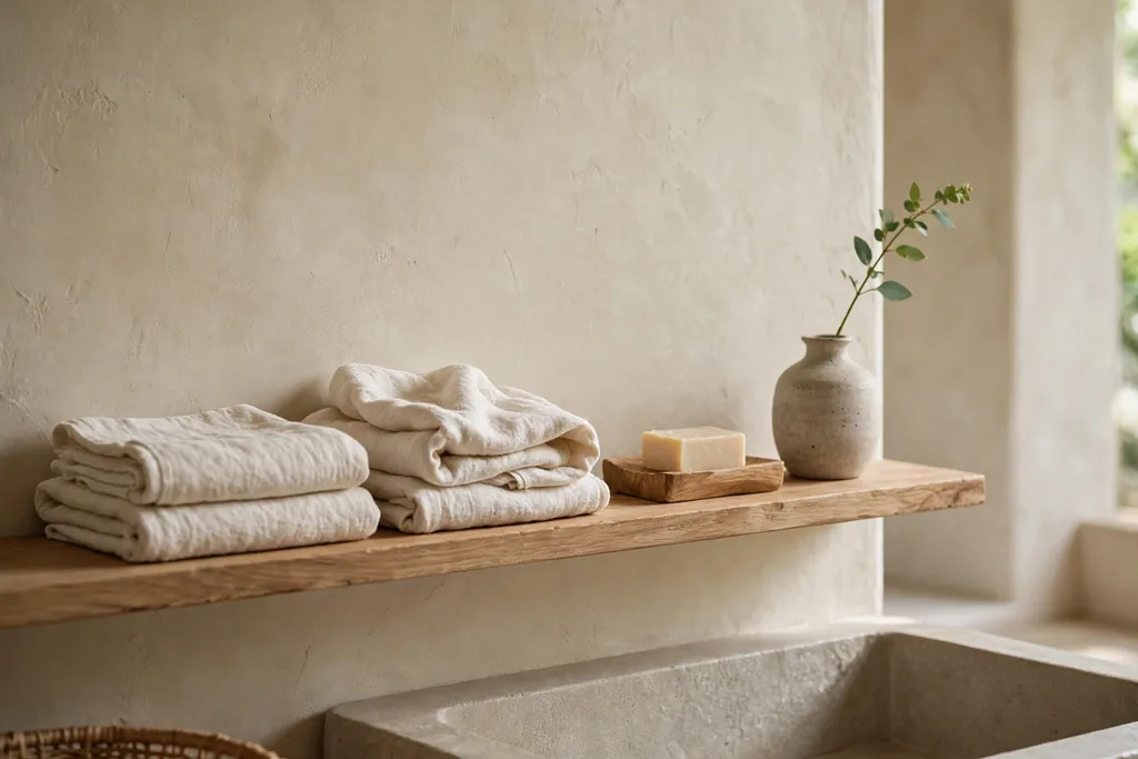 Japanese bathroom finished with linen towels, a wood soap dish, and a ceramic vase with one stem.