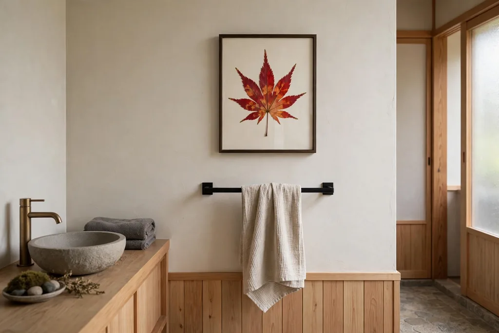 Framed Japanese maple print on a bathroom wall above a towel rail.