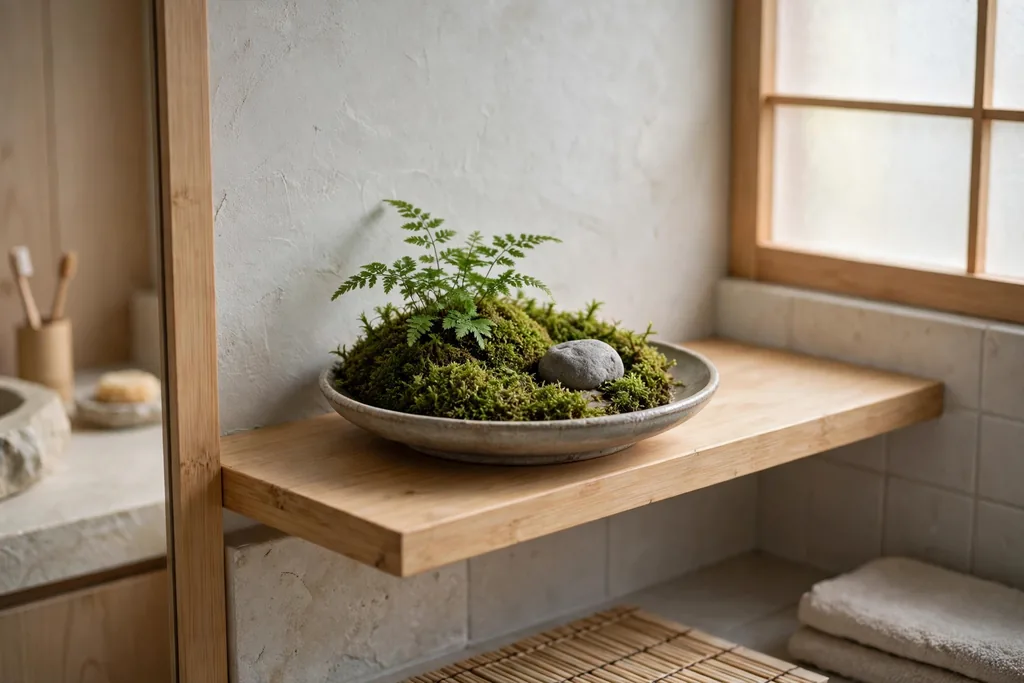 Shallow moss and stone mini garden dish on a shelf in a Japanese bathroom.