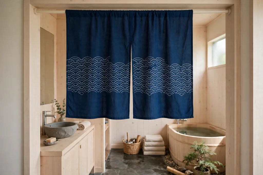 Indigo noren curtain hanging in a doorway of a Japanese bathroom.