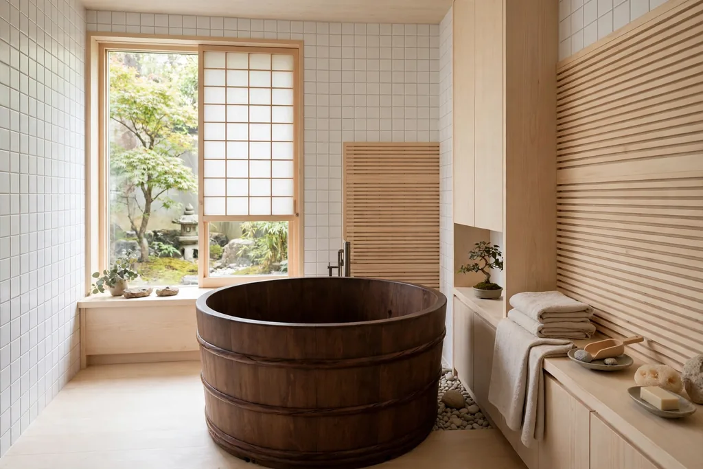 Deep freestanding ofuro soaking tub in a calm Japanese bathroom with wood accents.