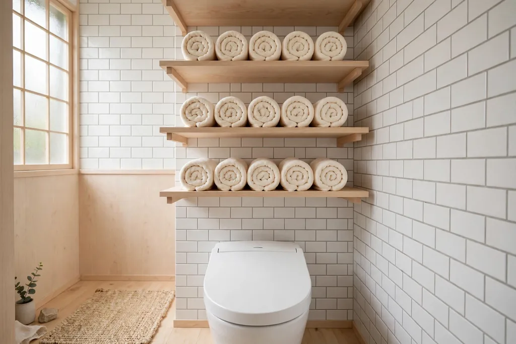 Open wood shelves with rolled towels above a toilet in a Japanese bathroom.