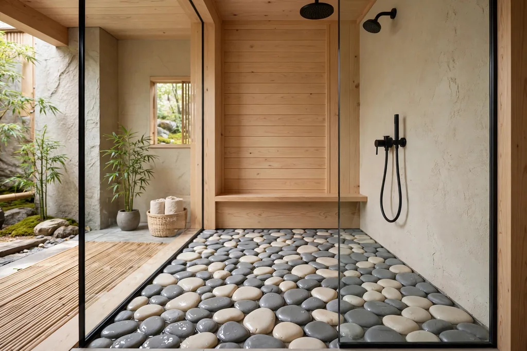 River pebble shower floor in a Japanese bathroom shower.