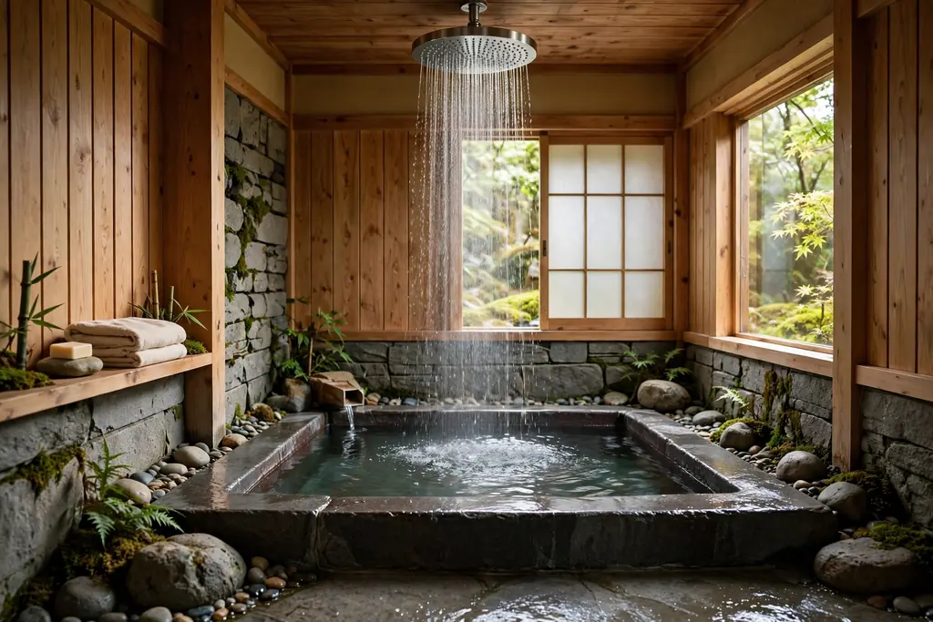 Rainfall showerhead over a deep bathtub in a Japanese bathroom.
