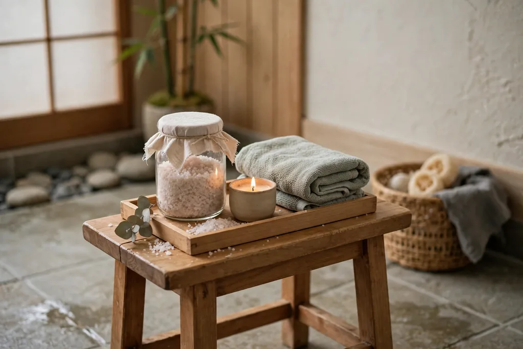 Soaking ritual tray with bath salts, a candle, and a folded towel in a bathroom.