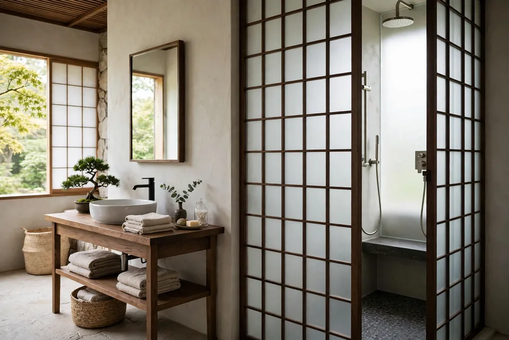 Shoji-style frosted glass shower screen with a wood frame in a Japanese bathroom.