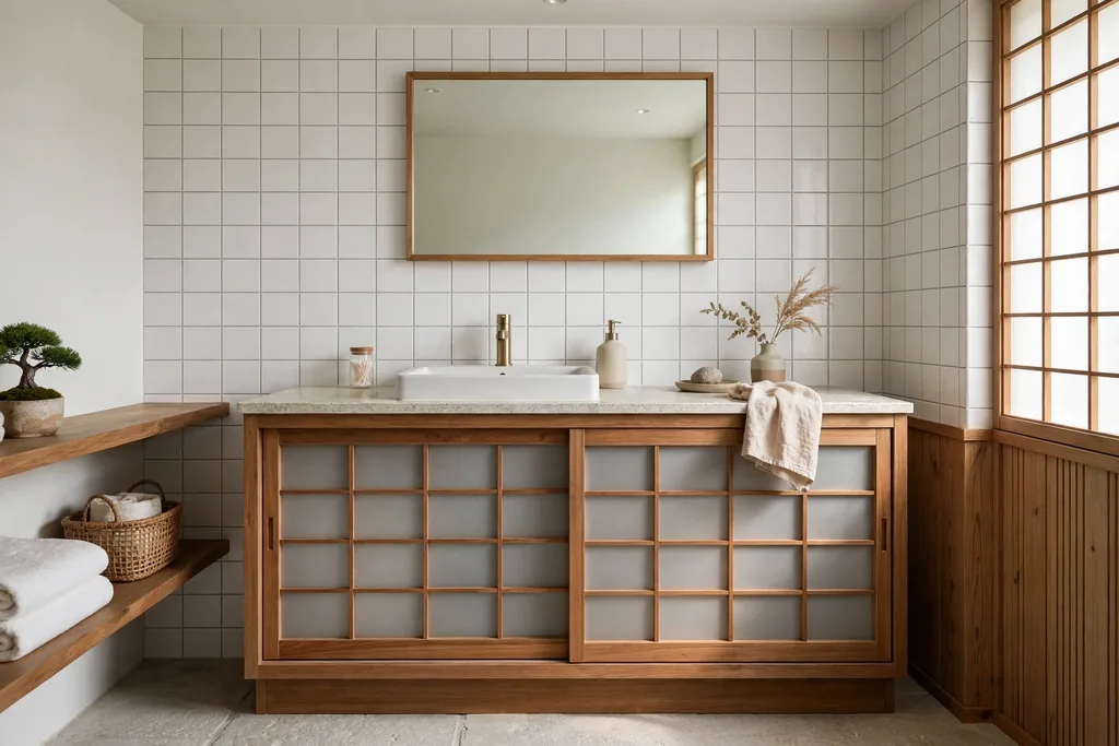 Vanity cabinets with sliding shoji-style fronts in a Japanese bathroom.