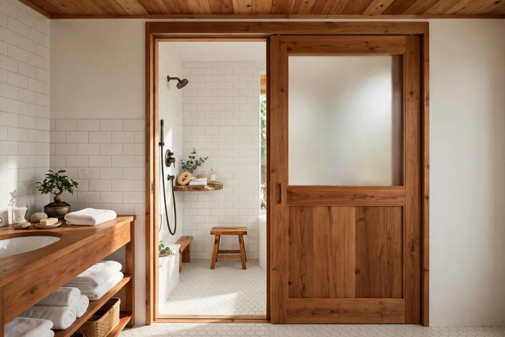 Sliding wood pocket door with a frosted panel in a Japanese bathroom.