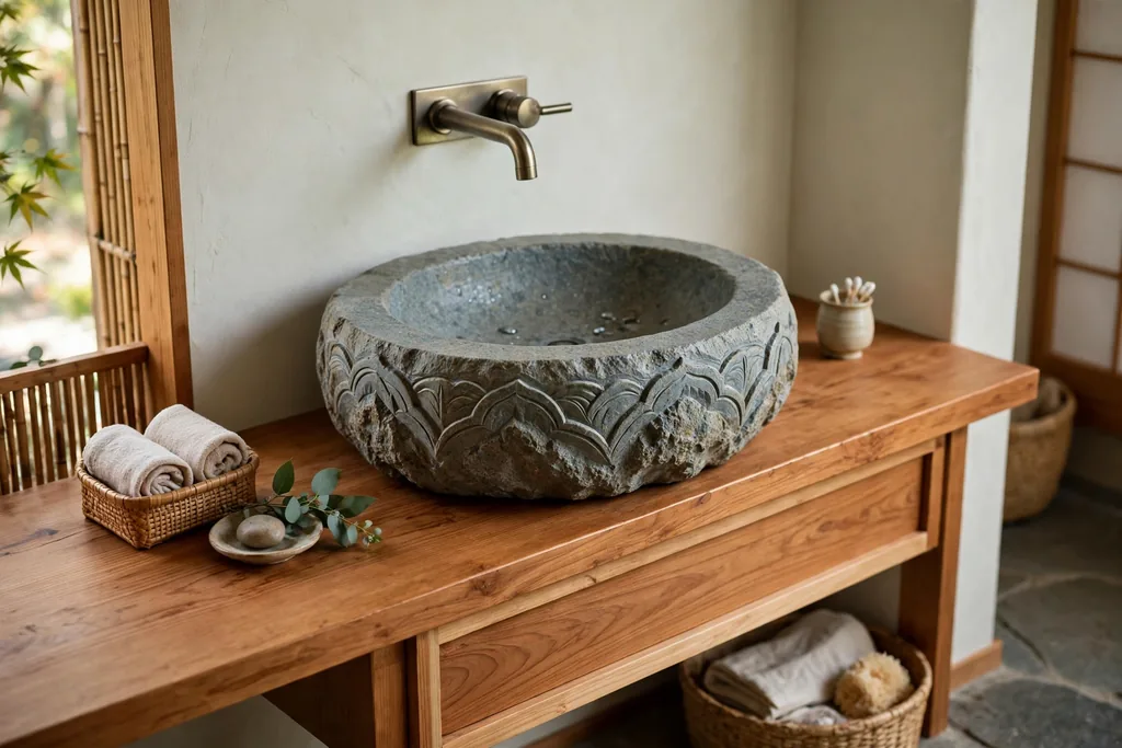 Carved stone vessel basin on a wood vanity in a Japanese bathroom.