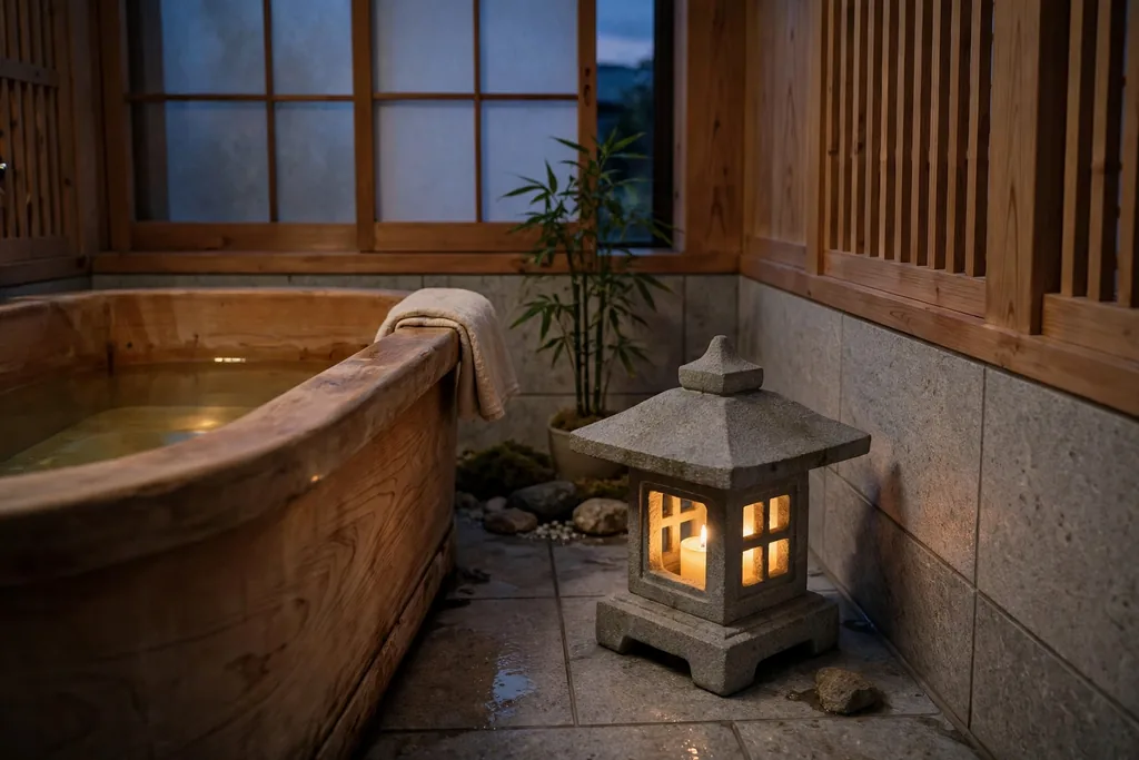 Small stone lantern with a flameless candle in a corner of a Japanese bathroom.